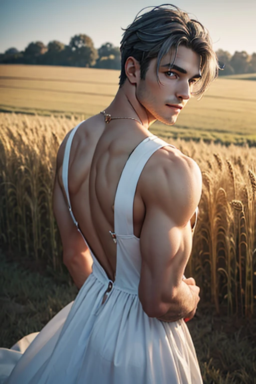 Realistic portrait of a busty shaved young man, 20years old, wearing a dress, straps. Location of wheat field. he should have a natural appearance, curvaceous forms, blue eyes, gray hair, smile. His back is turned to the photographer. Shoot this image in high resolution with a 35mm lens to get a good perspective.”, hot man , hot male, hot man
