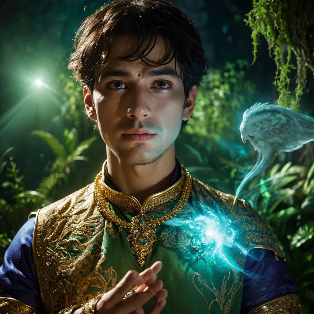 a mystical fantasy scene, a man with a surprised expression on his face, detailed portrait, intricate details, ornate jewelry, mystical aura, glowing magical energy, ethereal lighting, lush vegetation, fantastical landscape, rich color palette, dramatic lighting, cinematic composition, photorealistic, 8k, best quality, masterpiece