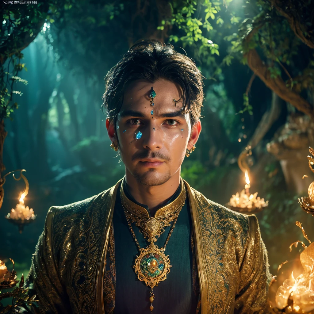 a mystical fantasy scene, a man with a surprised expression on his face, detailed portrait, intricate details, ornate jewelry, mystical aura, glowing magical energy, ethereal lighting, lush vegetation, fantastical landscape, rich color palette, dramatic lighting, cinematic composition, photorealistic, 8k, best quality, masterpiece