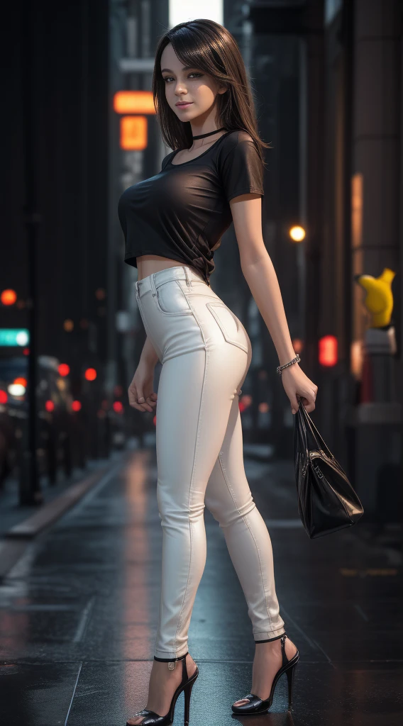 8k, masterpiece, photo and gross, Best Quality, photorealistic, Extremely detailed CG unity 8k wallpaper, depth of field, cinematic light, Lens flare, ray tracing (extremely beautiful face, Beautiful lips, pretty eyes), face with intricate details, ( (ultra detailed skin)) 1 girl, In the dark, deep shadow, Korean pretty girl, kpop idol, 1 girl, (cuerpo musculoso very thin y esbelto: 1.3), (big smile: 1.3), thick thighs, (fashion night, dark night, (neon lights sign), (blurred background), Fashion street night),(There is no one in the background:1.3), Beautiful earrings, bracelet, neck, light eyes, (Pale skin), (large eyes), Thinking in the future, (for the chestnut), (full body shot), ((White leather pants, Black T-shirt with The Simpsons cartoon print)), sexy heels, open chest, very thin, medium breasts, (Photos in various positions..), (full body shot)