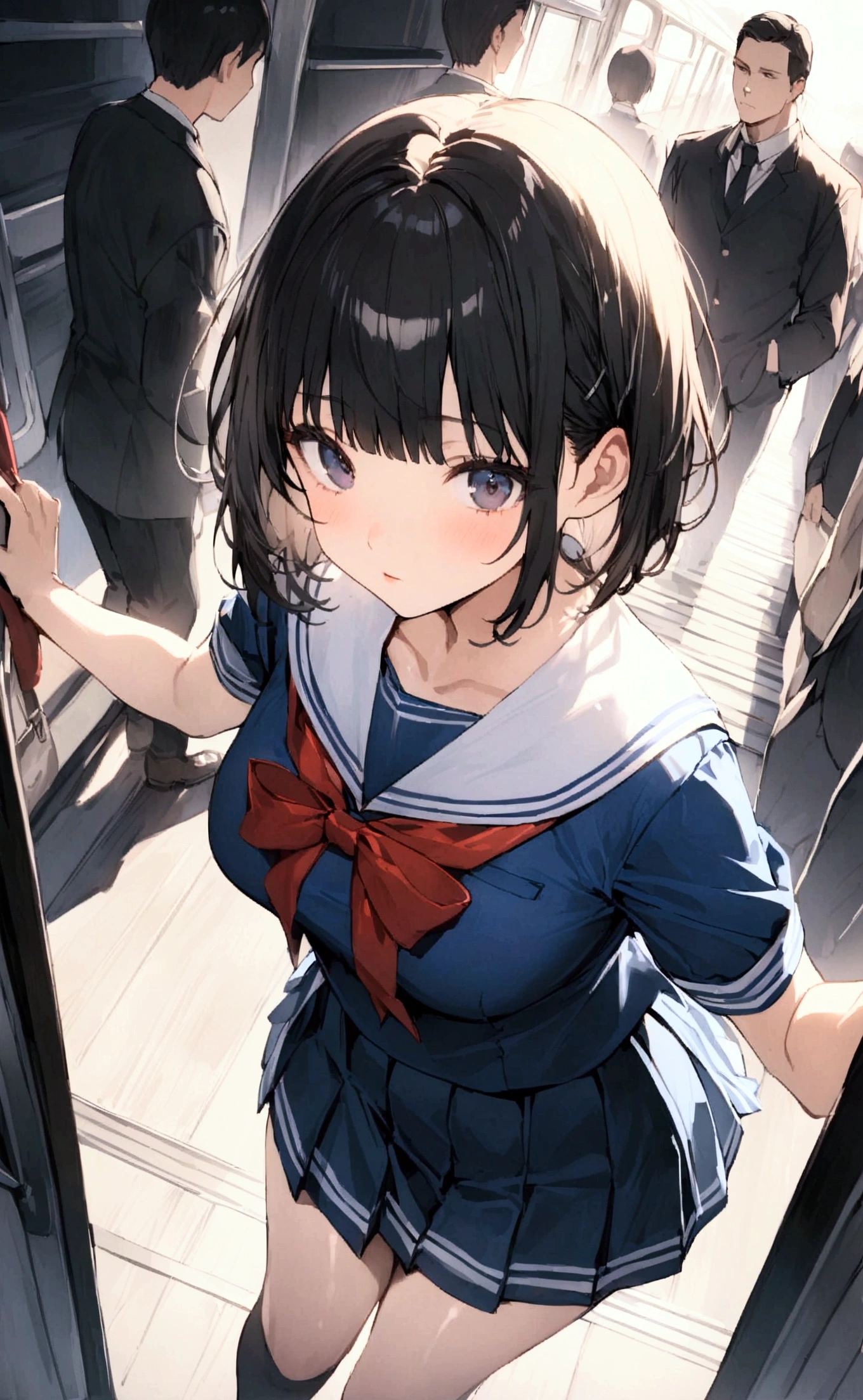 One Woman、crowd、Station platform、beautiful girl、Sailor suit、Pleated skirt、Hold a school bag with both hands、Age: 18、Bob Cut Hair, Highest quality,  body type、Small 、Small ass、Black Hair,The train is coming、Black knee-high socks、Cowboy Shot、Ultra-fine images、Angle from directly above、Lying on the ground、Lie down with your legs open、Lying on your back、A man touches my crotch