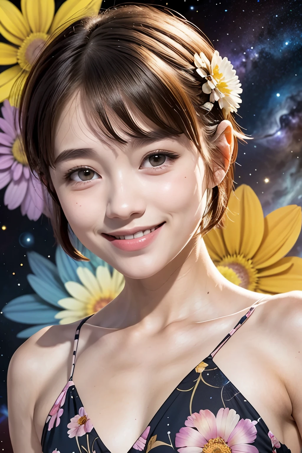 258 19-year-old female, (short hair),(Abstract background,universe), smile, flower