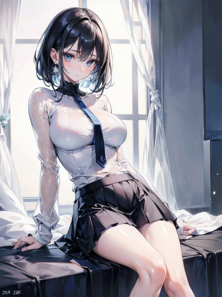 absurdres, RAW photo, extremely delicate and beautiful, masterpiece, Best Quality, ultra high resolution, 32k, hyperrealistic, ultra-detailed, perfect anatomy, anatomically correct, perfect figure, Perfect Style, Perfect balance, super Detailed skin, in her 20s, very Slim body, narrow waist, very small head, very small face, delicate facial features, handsome detailed woman, very detailed eyes and face, realistic face proportions, Realistic beautiful face, Realistic beautiful eyes, tearful mole, earring, very huge round breasts, whole body shot, whole legs, medium hair, asymmetrical hair, indoor, (knitted shirt:1.2), skirt, tie,