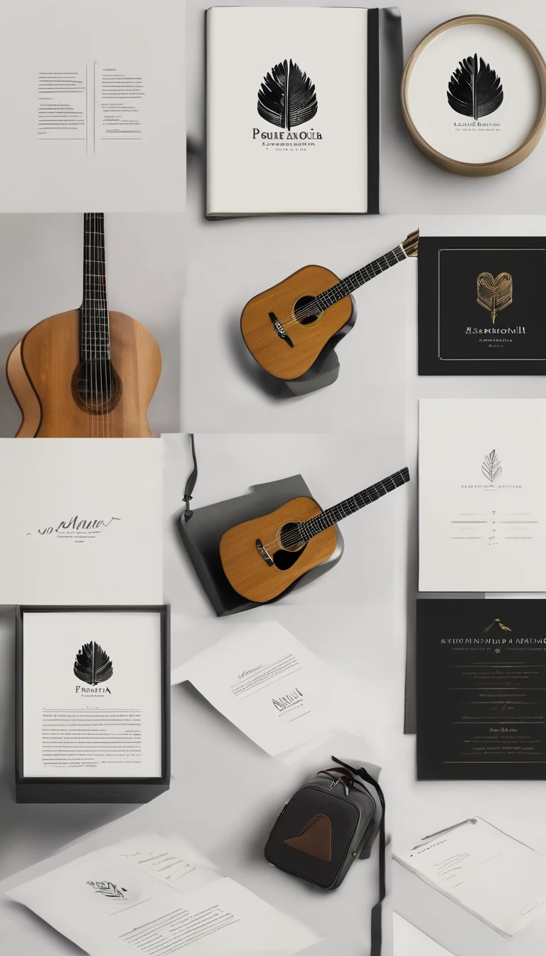 A minimal, modern, simple, cinematic logotype for the brand “Penamemoria". The logotype must be a simple, magical feather and a boy playing acoustic guitar. The logo must convey a sense of music, stories and dreams. Logo design impressed on a book cover. Minimalistic logo