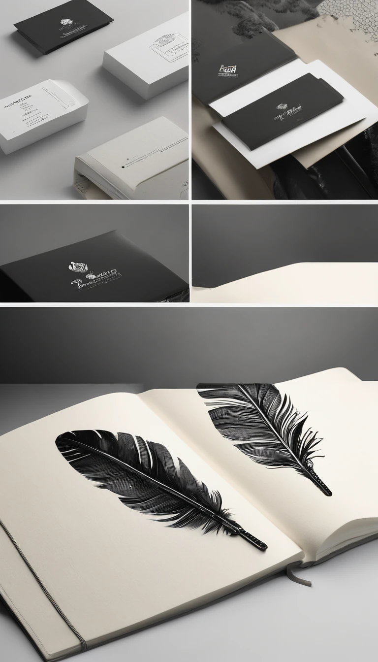 A minimal, modern, simple, cinematic logotype for the brand “Penamemoria". The logotype must be a simple, magical feather and a boy playing acoustic guitar. The logo must convey a sense of music, stories and dreams. Logo design impressed on a book cover. Minimalistic logo
