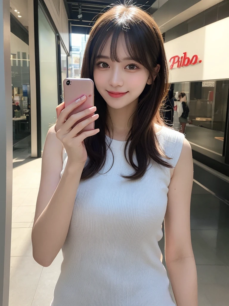masterpiece, best quality, illustration, ultra-detailed, finely detailed, high resolution, 8K wallpaper, perfect dynamic composition, beautiful detailed eyes, Shibuya, trendy fashion, medium hair, stylish pose, smile, looking at camera, 1girl, selfie, taking_selfie, holding_smartphone, smartphone, solo, upper body, photorealistic
