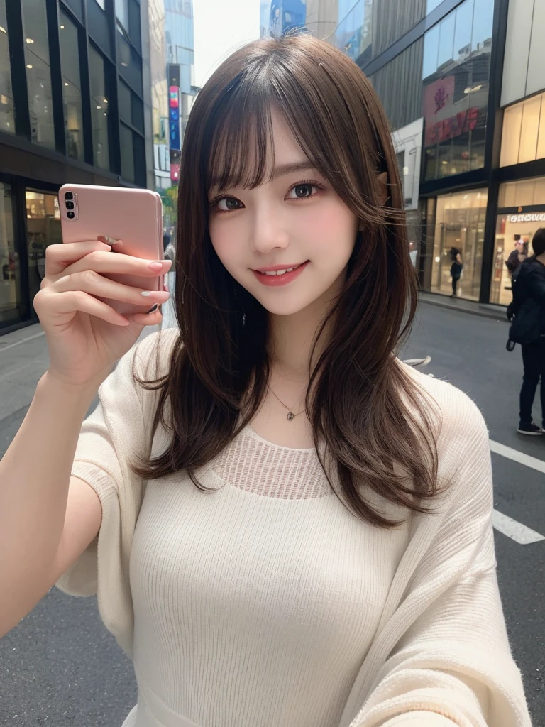 masterpiece, best quality, illustration, ultra-detailed, finely detailed, high resolution, 8K wallpaper, perfect dynamic composition, beautiful detailed eyes, Shibuya, trendy fashion, medium hair, stylish pose, smile, looking at camera, 1girl, selfie, taking_selfie, holding_smartphone, smartphone, solo, upper body, photorealistic