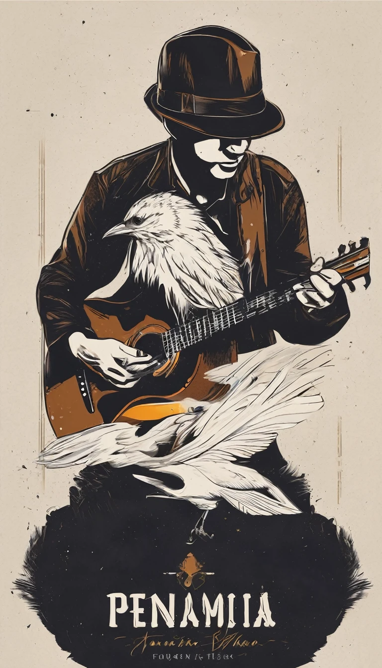 Create a minimal, modern, simple, inspirational, memorable, dream like logo design of a boy playing acoustic guitar to a feather for the brand “Penamemoria". The logo design must convey a sense of storytelling, cinematic storytelling, stories and dreams. Logo design impressed on a book cover