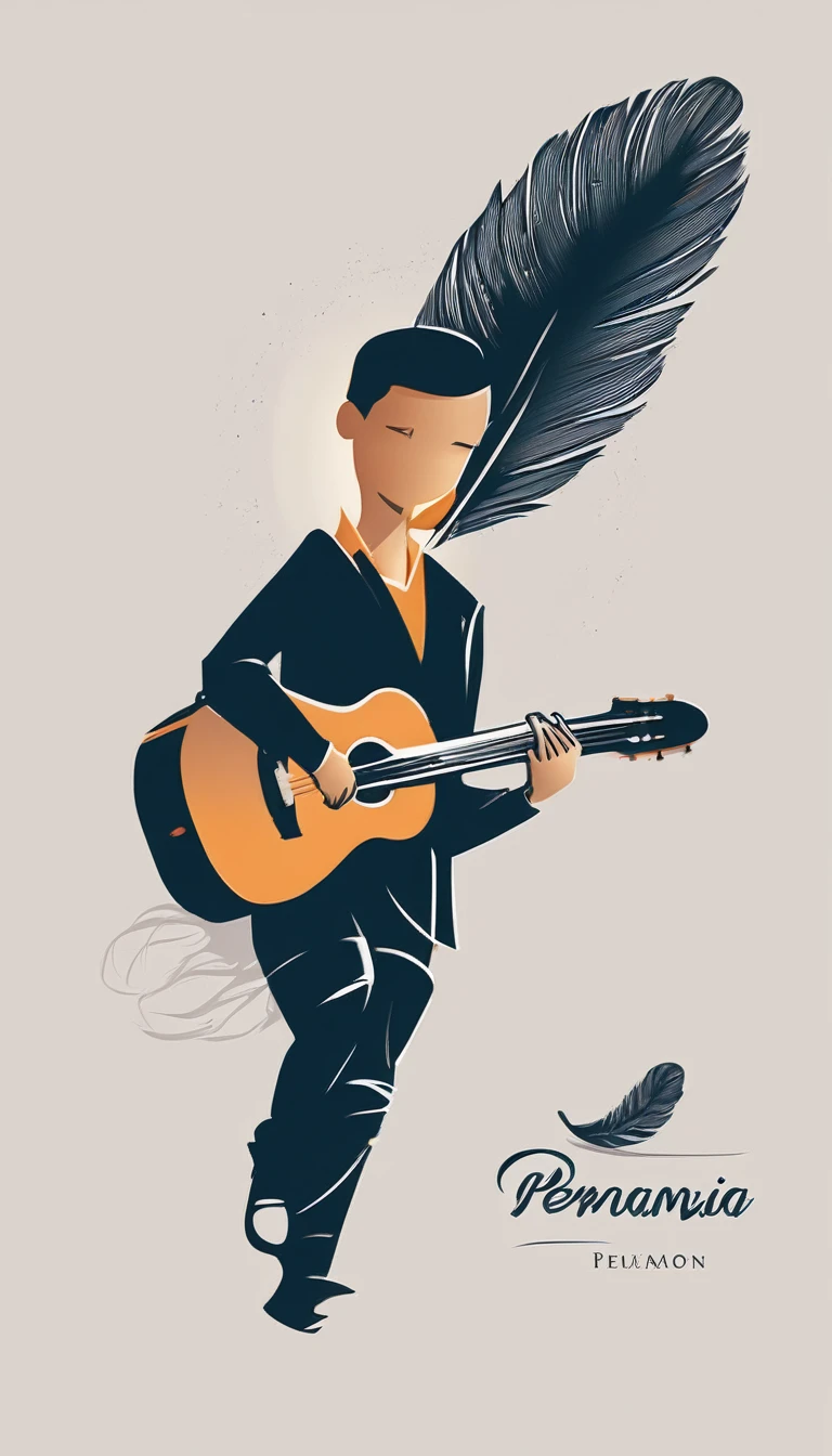 Create a minimal, modern, simple, inspirational, memorable, dream like logo design of a boy playing acoustic guitar to a feather for the brand “Penamemoria". The logo design must convey a sense of storytelling, cinematic storytelling, stories and dreams. Logo design impressed on a book cover