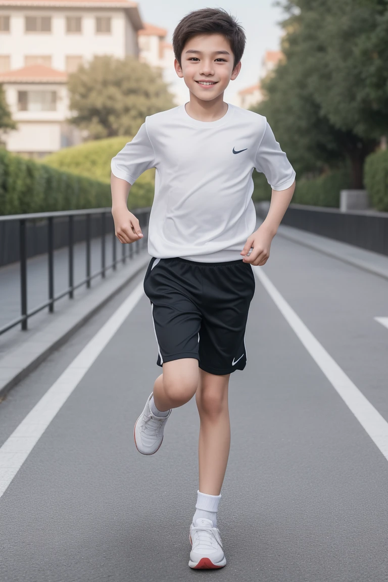 ,Smile，Spread your white and slender legs，jogging，full body，8K facial features are exquisite，Handsome boyish feeling，8k，masterpiece,((best quality)),photography,photograph

