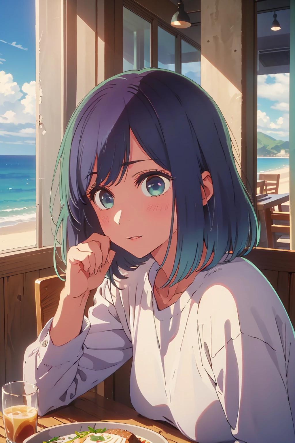 (Highest quality:1.4、masterpiece:1.4、Super detailed:1.4、8k:1.4)、((((1 person、Surprised expression、sit、Cafe Terrace、coastal、juice、table、Sandy Beach、juiceのグラスを持つ、Very soft 、Big eyes、Very cute face))))、(big Areolas protrude from micro bikini:1.4)、F cup bust、Medium breast、Underboob