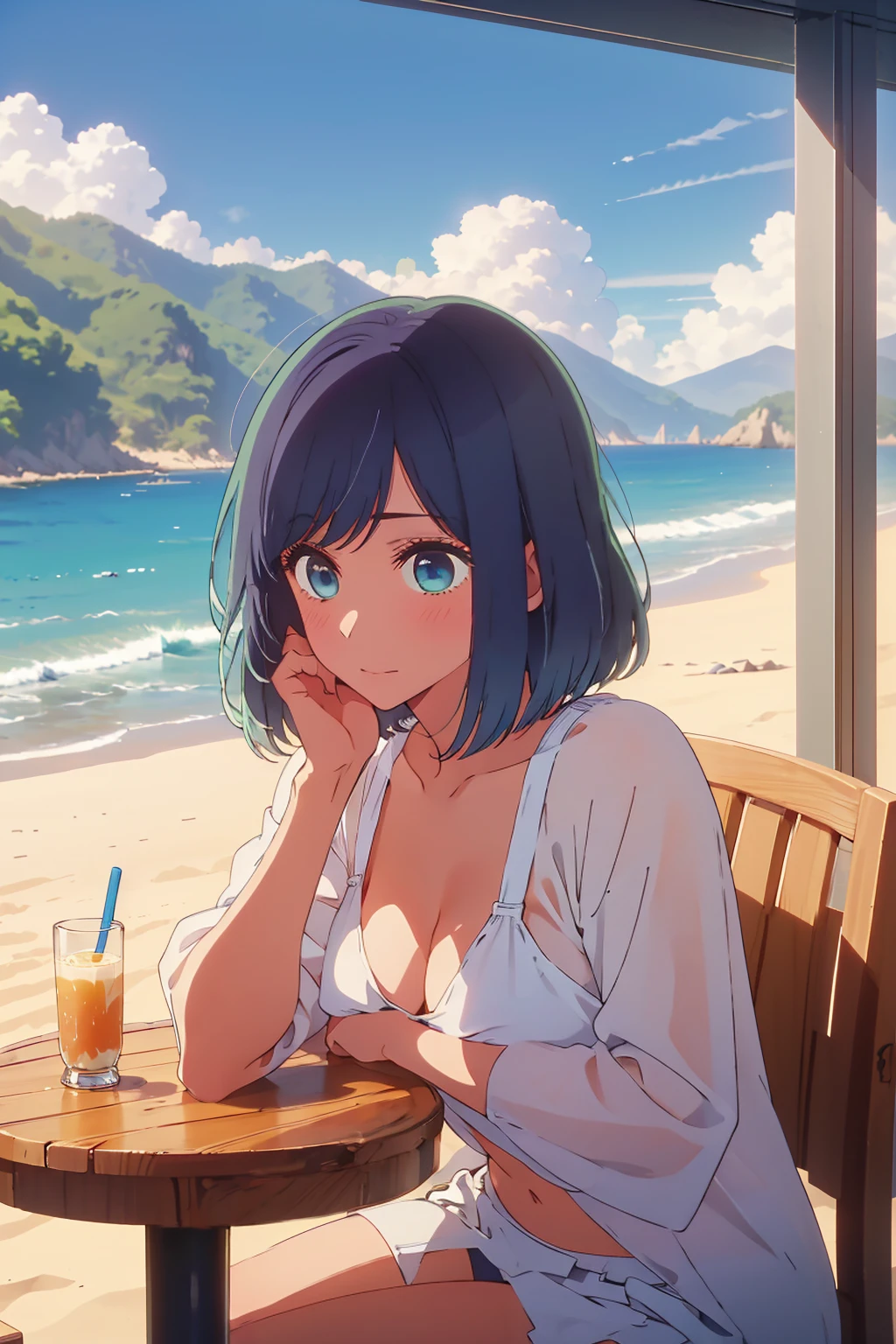 (Highest quality:1.4、masterpiece:1.4、Super detailed:1.4、8k:1.4)、((((1 person、Surprised expression、sit、Cafe Terrace、coastal、juice、table、Sandy Beach、juiceのグラスを持つ、Very soft 、Big eyes、Very cute face))))、(big Areolas protrude from micro bikini:1.4)、F cup bust、Medium breast、Underboob