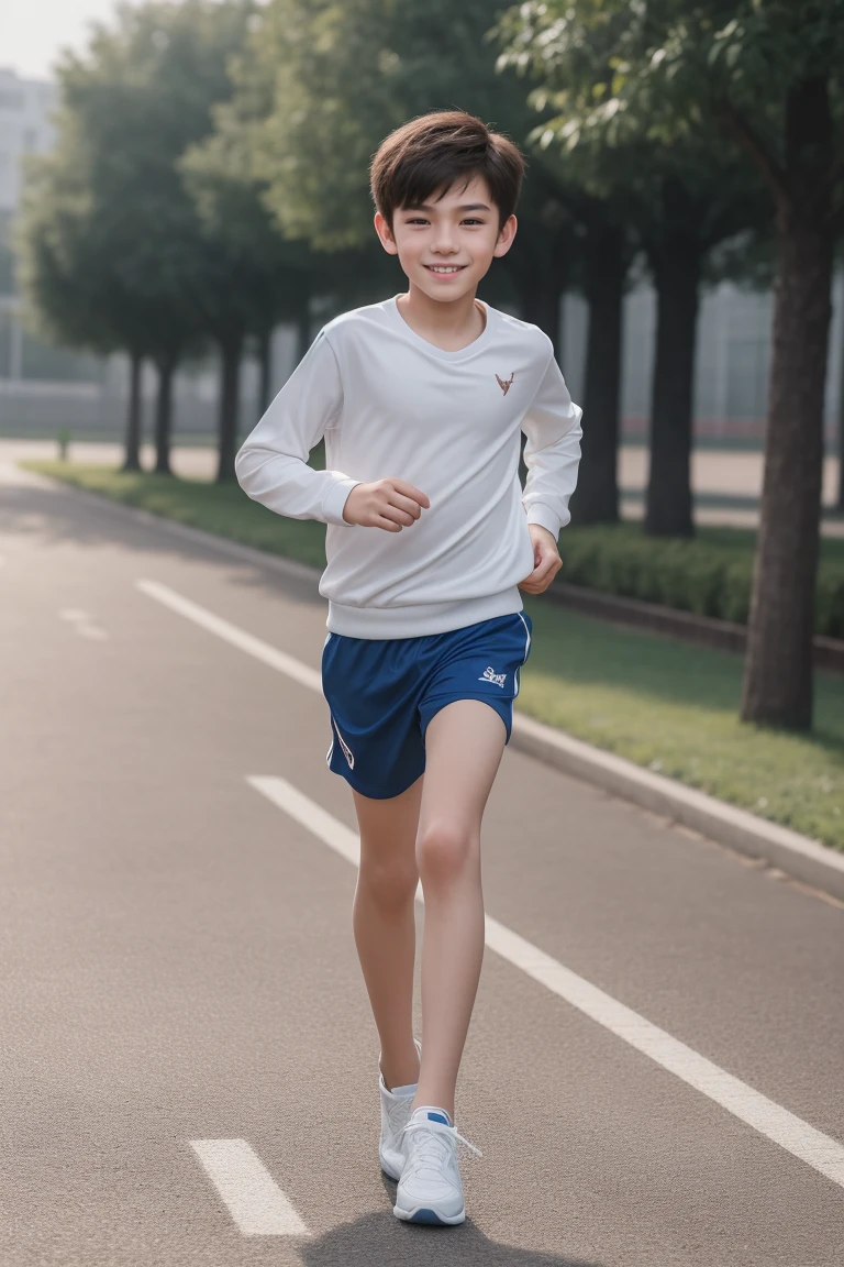 ,Smile,Spread your white and slender legs,jogging,full body,8K facial features are exquisite,Handsome boyish feeling,8k,masterpiece,((best quality)),photography,photograph
