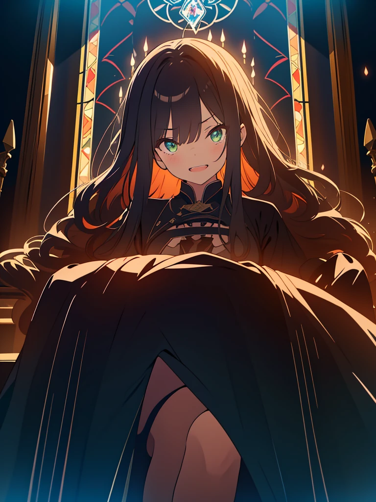 kawaii, anime, Cute, hyper quality, highly detailed, 8k, Clarity, with glowing green eyes, dark brown long hair, Dark Demon King, devil's peak, black eagle wings on the back, Throne room of the abyss, Crystal pillars reaching to the sky, dark sky, hellfire, sit cross-legged on the throne, wield a cane in one's hand, Draw facial expressions in detail, Showing succubus fangs with a creepy expression, Draw the whole body with a drawn composition, grin fearlessly, Wear an aura of darkness, ominous sky, Inciting point of view, to intimidate, Overwhelming, Stained glass, brandish a cane, dark magic effects, dark fog drifts, cross your legs, cross your legs, Right eye is glowing,