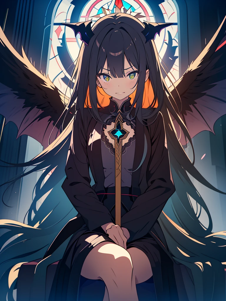 kawaii, anime, Cute, hyper quality, highly detailed, 8k, Clarity,  with glowing green eyes, dark brown long hair, Dark Demon King, devil's peak, black eagle wings on the back, Throne room of the abyss, Crystal pillars reaching to the sky, dark sky, hellfire, sit cross-legged on the throne, wield a cane in one's hand, Draw facial expressions in detail, Showing succubus fangs with a creepy expression, Draw the whole body with a drawn composition, grin fearlessly, Wear an aura of darkness, ominous sky, Inciting point of view, to intimidate, Overwhelming, Stained glass, brandish a cane, dark magic effects, dark fog drifts, cross your legs, cross your legs, Right eye is glowing, 