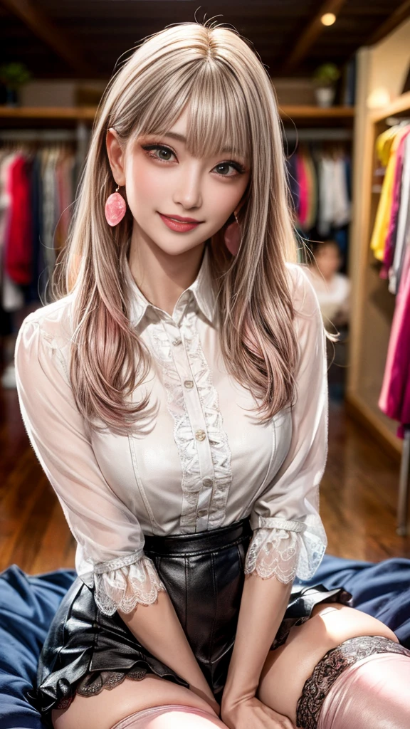 ((((Very short))))、Earrings、Collared shirt、((((Blunt bangs)))) ((Short bangs))、Shorn bangs、(((Inside a stylish secondhand clothing store)))、(masterpiece、Highest quality、In 8K、32K、masterpiece、Super huge 、Ultra-high resolution、Impressionism、Realistic:1.2)、Cowboy Shot、Sharp focus、Beautiful face with detailed background of face and eyelids、blue sky、Glowing Skin、Sharp pupils、Realistic eyes and beautiful face、Blurred Background、Beautiful 28 year old girl、Glowing Skin、(((bright and beautiful hair)))、iris、(((puff sleeve lace blouse)))、(Knee-length tight skirt)、Thighs、curve、Dynamic pose、Powerful composition、((smile))、((Calm expression))、sweating、((Pink-beige hair color))、High nose、(Small Mouth)、Skirt tearing、stockings、Pubic hair is visible、clerk、(Wearing a name tag)