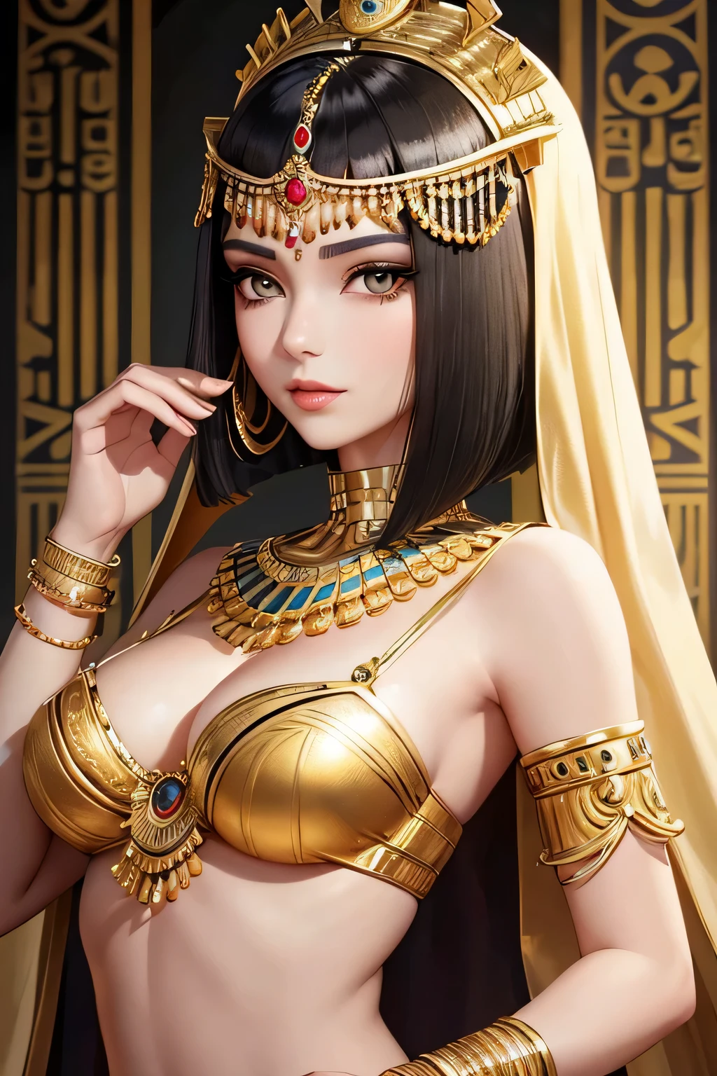 Create an image of Cleopatra, the iconic Egyptian queen. She should be depicted with her characteristic beauty and elegance. Cleopatra is adorned in a luxurious golden headdress with intricate designs, matching gold jewelry, and an elaborate white and gold dress that highlights her royal status. She should have striking makeup, including kohl-lined eyes, emphasizing her regal and captivating gaze. The background should feature elements of ancient Egypt, such as the Nile River, pyramids, or a palace with opulent decorations, to set the historical context.(((bob haircut)))