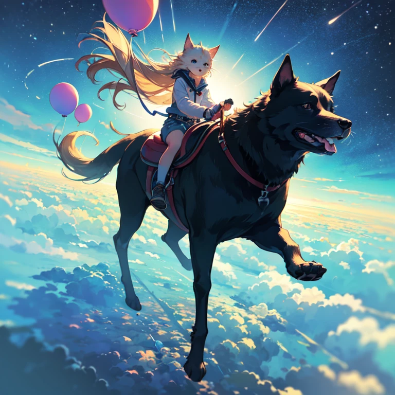 (masterpiece, Highest quality), (dog), (dogが気球に乗っている), Floating, 
The expanse of the sky、The cityscape below,
Riding in a basket、Ears flapping in the wind,
Small pilot&#39;s hat、goggles,
Balloon Shadow、Soft Light
