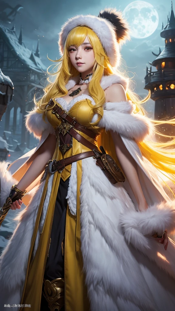 Young woman with yellow hair in fluffy clothes and a fluffy hat, Fantasy Characters art, Amazing character art, 壮大なFantasy Charactersアート, HD fantasy art, Magnificent and elaborate character art, Realistic fantasy art, Fantasy Woman, Epic fantasy art style HD, Fantasy Characters, Digital fantasy art), Fantasy Art, Detailed fantasy art, High quality fantasy art, Fantasy Costume, Digital 2D Fantasy Art