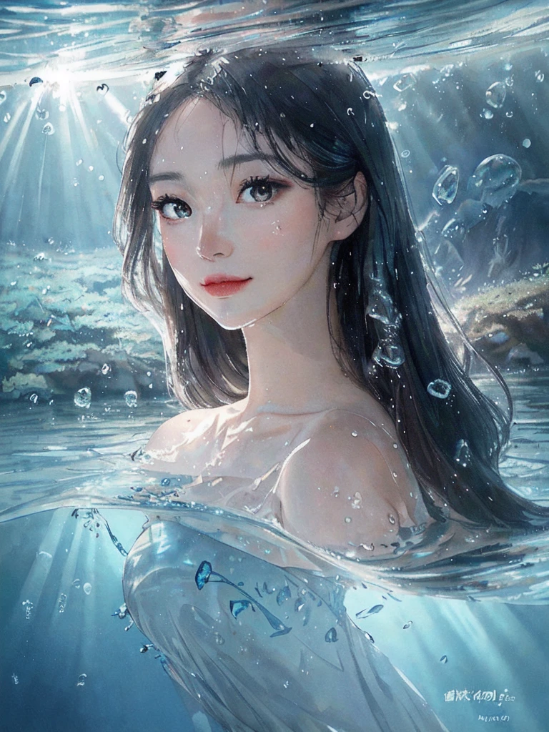 beautiful woman, リアリティー, best quality, portrait, close up, detailed face and eyes, dress, underwater hair physics, air bubbles, ((light coming through water)), solo focus, depth of field, ambient lighting, atmospheric, intricate details, soft light, artstation, ((look at the view, face up))