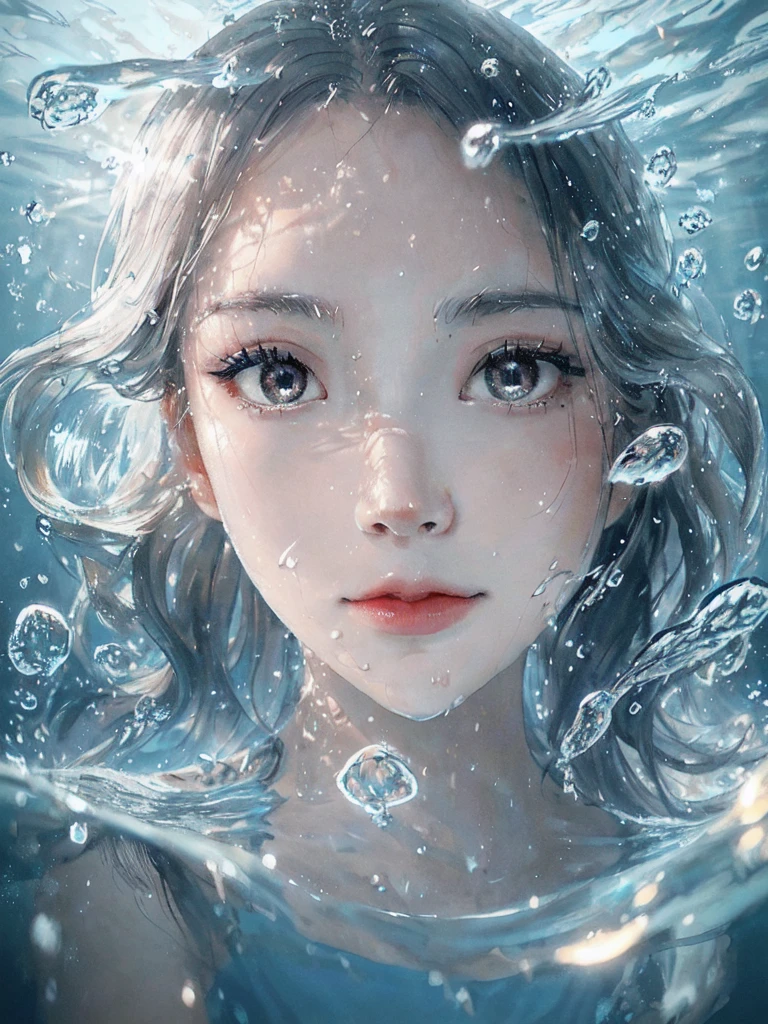 beautiful woman, リアリティー, best quality, portrait, close up, detailed face and eyes, dress, underwater hair physics, air bubbles, ((light coming through water)), solo focus, depth of field, ambient lighting, atmospheric, intricate details, soft light, artstation, ((look at the view, face up))