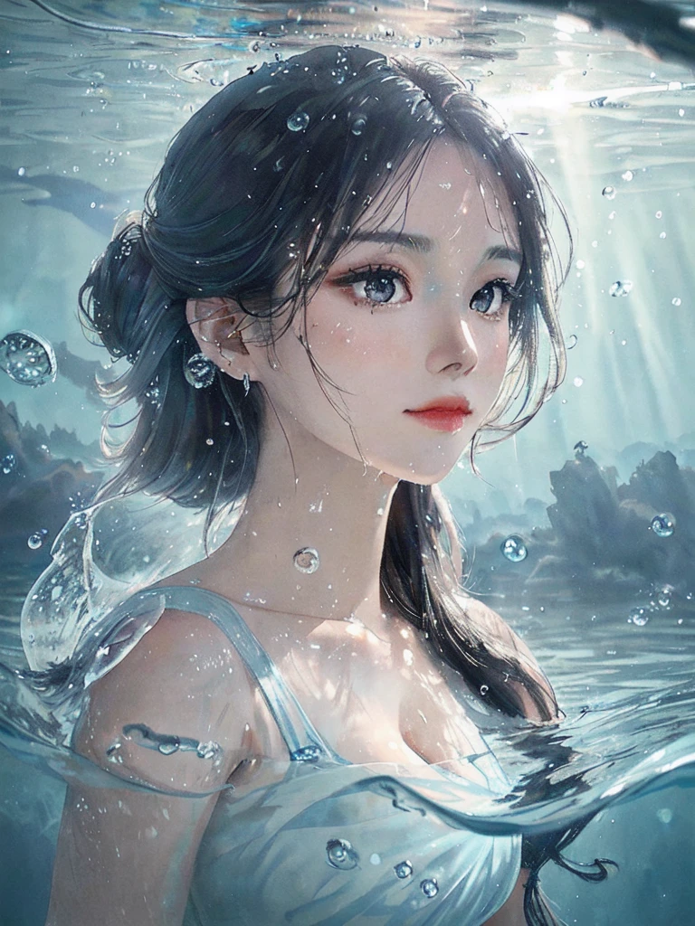 beautiful woman, リアリティー, best quality, portrait, close up, detailed face and eyes, dress, underwater hair physics, air bubbles, ((light coming through water)), solo focus, depth of field, ambient lighting, atmospheric, intricate details, soft light, artstation, ((look at the view, face up))