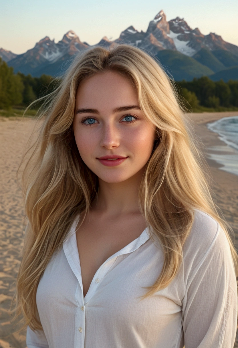 20 year old girl with long blonde hair .Gray expressive eyes, a mischievous Sensual smile, Natural Breasts, On all fours), Sunset and fine sand beach ((Very realistic)) Sensual ,sexy, tetons attractive Natural Breasts natural hips