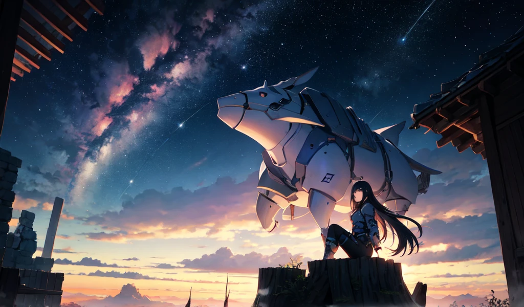 Octane Camera, null, star (null), scenery, starry null, night, 悟null, night null, female knight, Outdoor,, cloud, milky way, Sitting, wood, Long Hair,