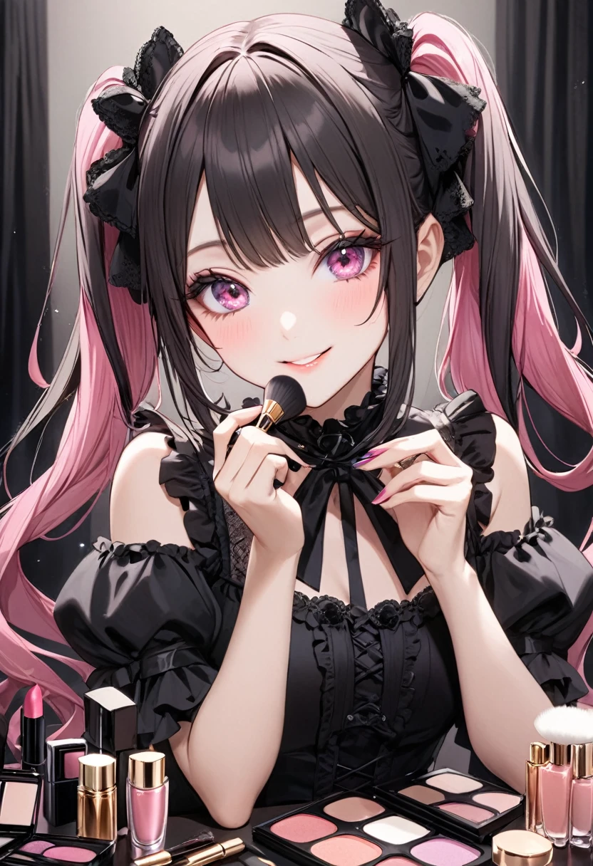 A beautiful girl with pink twin tails, pink eyes, 1 person, putting on makeup, holding a compact type puff and a makeup brush in her hands, lots of cosmetics and perfume on the table, black gothic lolita clothes, beautiful girl smiling while putting on makeup, delicate and perfect hand structure as she puts on makeup