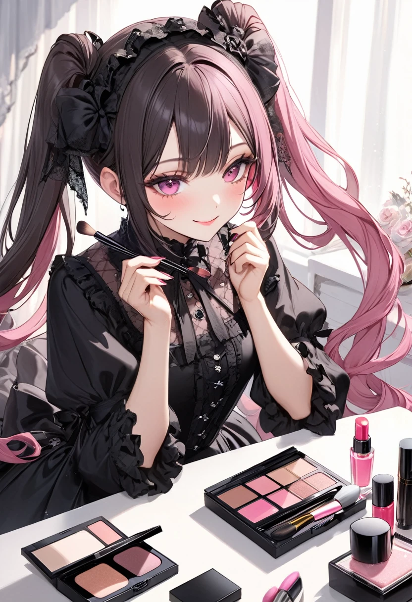 A beautiful girl with pink twin tails, pink eyes, 1 person, putting on makeup, holding a compact type puff and a makeup brush in her hands, lots of cosmetics and perfume on the table, black gothic ta clothes, beautiful girl smiling while putting on makeup, delicate and perfect hand structure as she puts on makeup