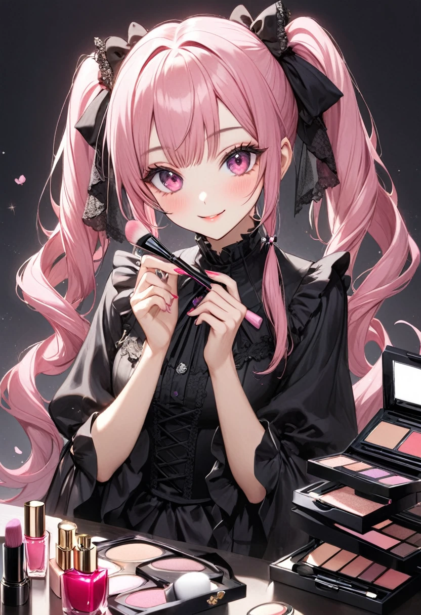 A beautiful girl with pink twin tails, pink eyes, 1 person, putting on makeup, holding a compact type puff and a makeup brush in her hands, lots of cosmetics and perfume on the table, black gothic lolita clothes, beautiful girl smiling while putting on makeup, delicate and perfect hand structure as she puts on makeup