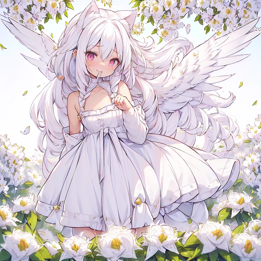 ((One girl)), (Standing diagonally facing forward:1.2), (Slightly bulging chest), (Slightly healthy tanned skin on face), (reddish-purple eyes, (mouth open with joy:1.5)
BREAK
(White cat ears:1.2), Inside the cat ears is paw-colored,
BREAK
(Pure white hair:1.6), (Softly curled pure white hair:1.6), (The hair under the cat ears behind the side hair flows forward and curls strongly on the collarbone:1.6), (Other hair is devided into several strands:1.6), (divided into several drill hair:1.4), (Hair weighs on her shoulders:1.6), (mideum length hair press down on her shoulders:1.6),
BREAK
(Pure white wings on upper body:1.2), (straight wings:1.3), (wings are small and short like a baby bird:2.0),
BREAK
(simple dress made entirely of white:1.5), (dress with slightly exposed shoulders:1.1), (waist tied with string:1.3), (plenty of gathers below the waist:1.4), (dress reaches the knees:1.6), petticoat is white or absent,
BREAK
(wide green grassland:1.6), (lots of white flowers:1.6), (wide clear blue sky:1.4)