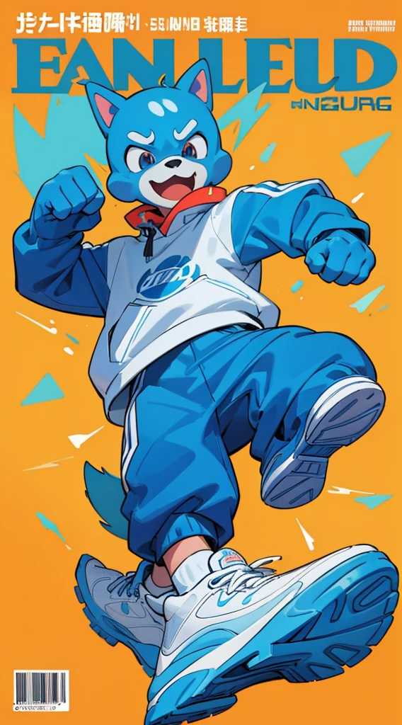 A bright blue dog-themed character, Wearing big sneakers, サイバーパンク, Magazine Cover, Simple Background, Running around, boy, raised fist, projected inset, UHD, best quality, highres, 8k