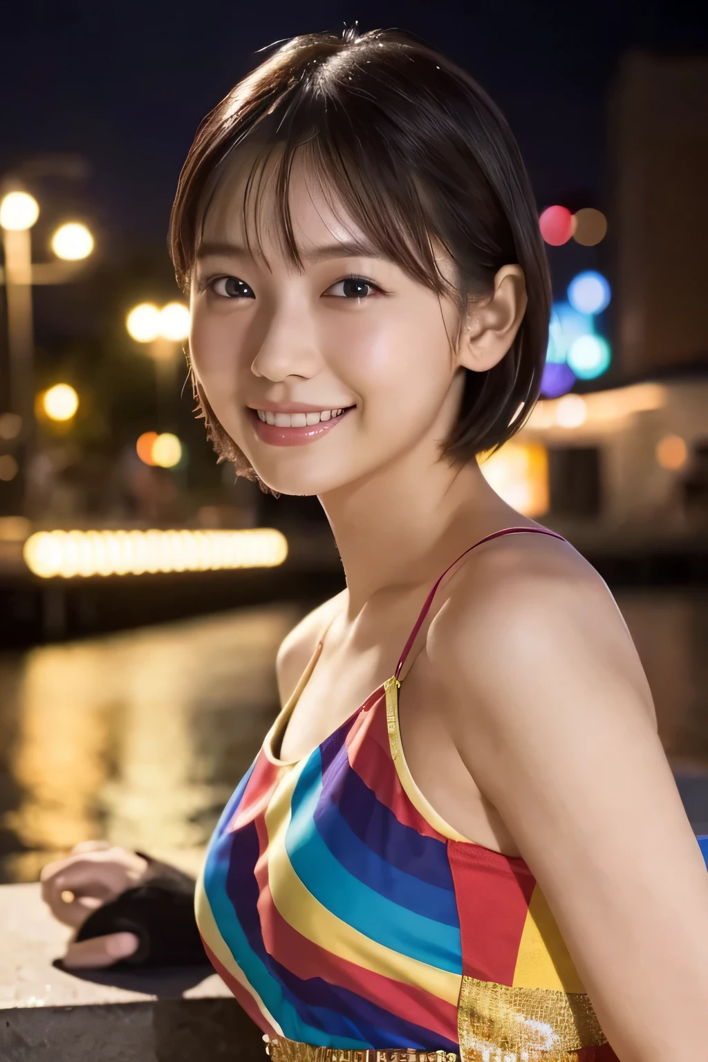 1 girl, (Wearing a rainbow dress:1.2), (Supercluster), Very beautiful Japanese idol portraits,
(RAW Photos, Highest quality), (Realistic, Realistic:1.4), (masterpiece),
Very delicate and beautiful, Very detailed, 2k wallpaper, wonderful, finely, Very detailed CG Unity 8K wallpaper, Very detailed, High resolution, Soft Light,
Beautiful detailed girl, Very detailed目と顔, Beautiful and sophisticated nose, Beautiful and beautiful eyes, Cinema Lighting,
(Fashion magazine photography:1.3), (Outdoor), (night lighting), (Waterfront),
(short hair),
Complete Anatomy, Slender body, Small breasts, smile