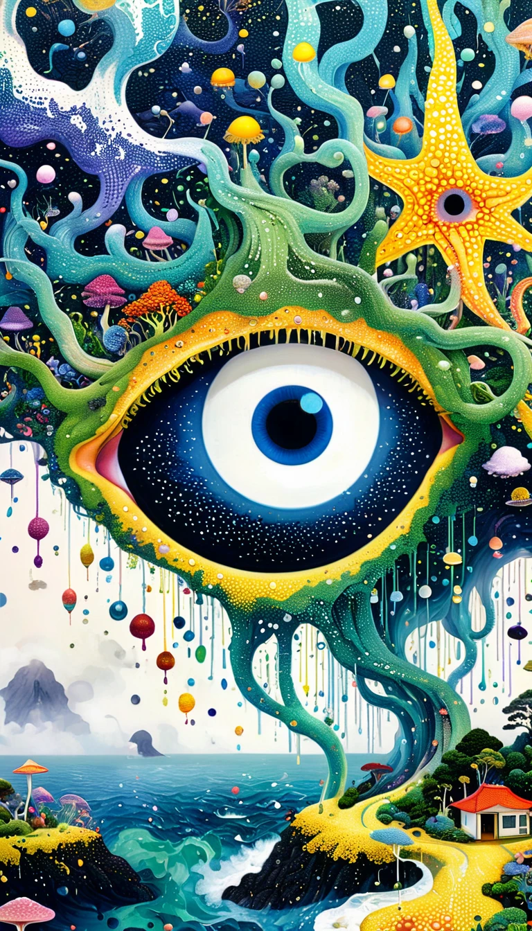 Strong visual fusion of multiple elements,Broto,来自Star的艺术家,house、Eye、Star、cloud、Spore powder、Ocean、rain、Tentacles,Describing the inner world of autistic people,密集Pointillism method。Smooth lines。interesting,Strange illustration。Pointillism method。Strong contrast。Award-winning works。
