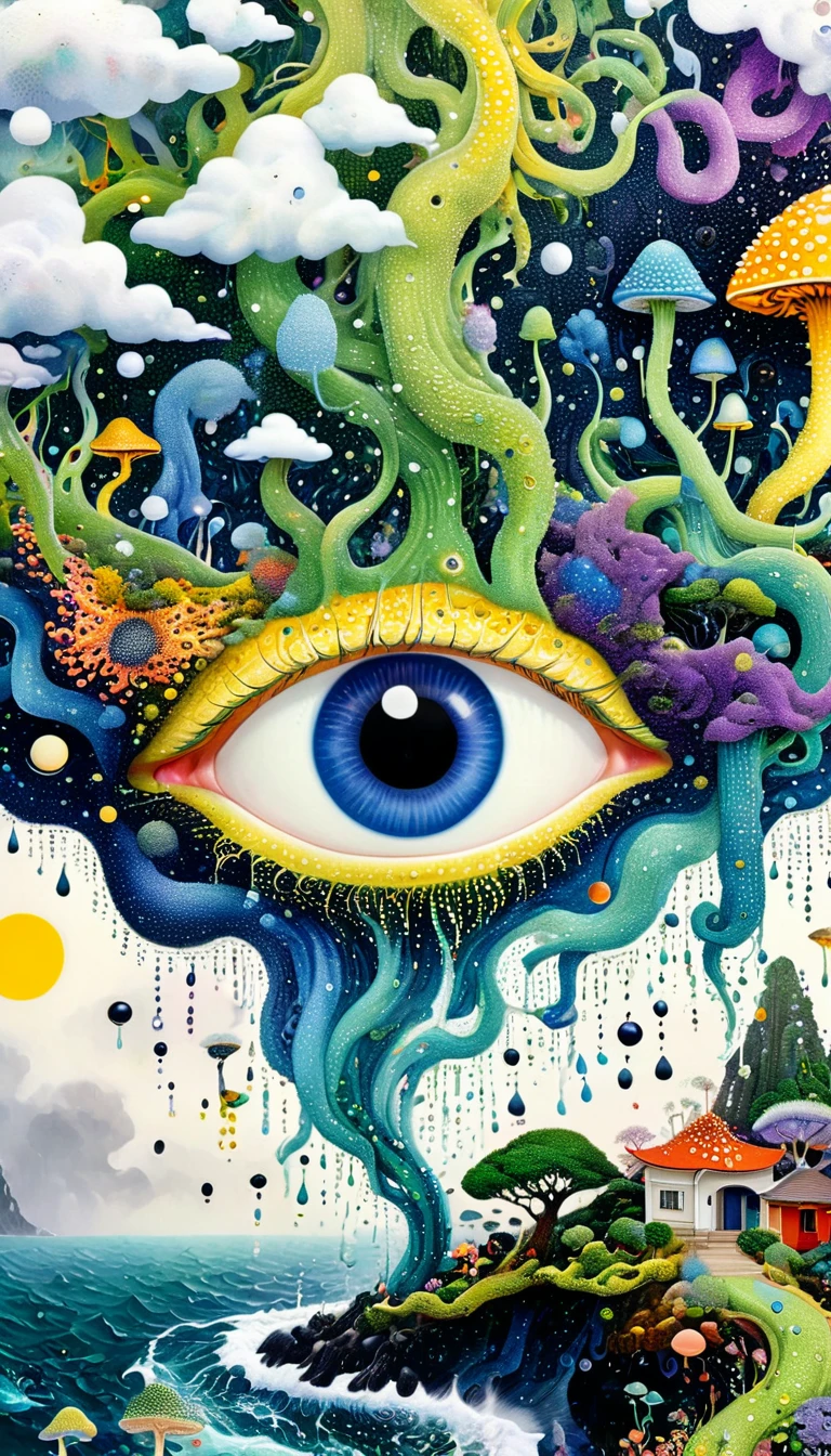 Strong visual fusion of multiple elements，Broto，来自Star的艺术家，house、Eye、Star、cloud、Spore powder、Ocean、rain、Tentacles，Describing the inner world of autistic people，密集Pointillism method。Smooth lines。interesting，Strange illustration。Pointillism method。Strong contrast。Award-winning works。