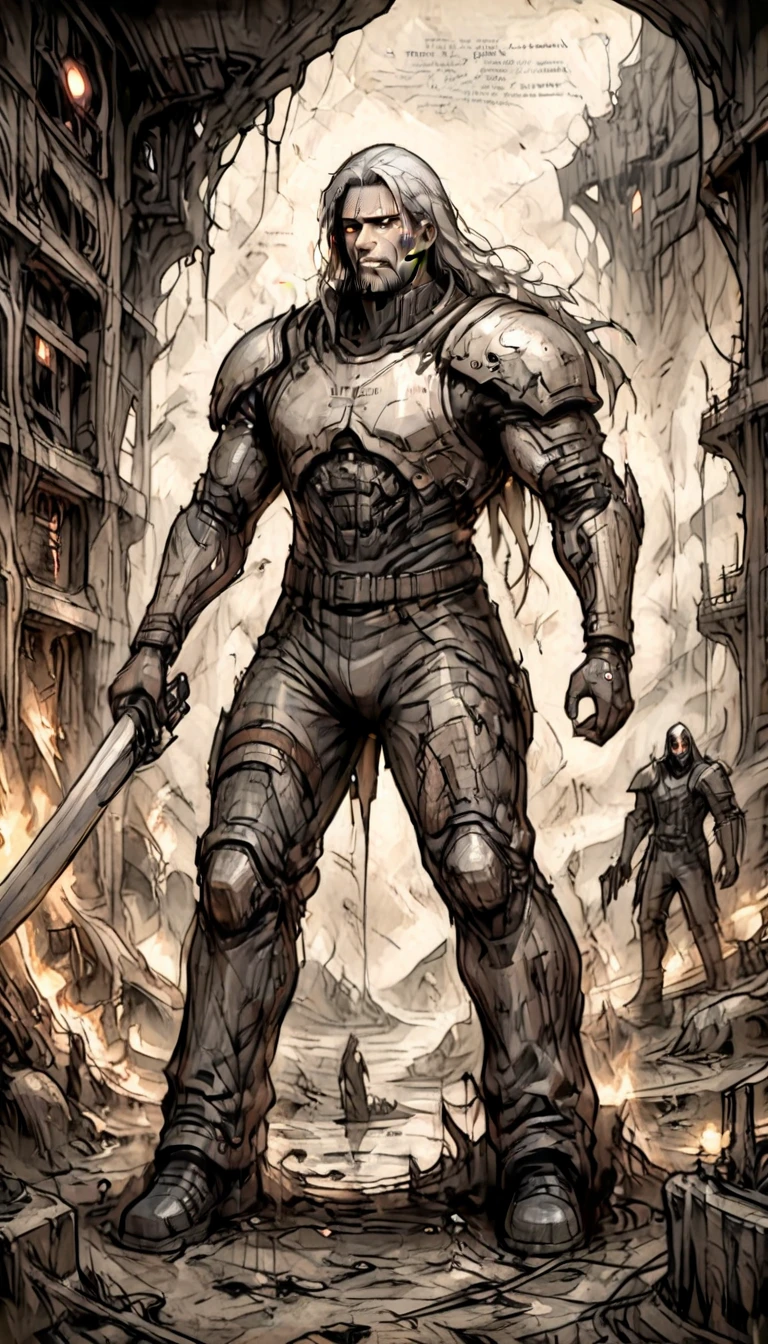 ((best quality)) , ((masterpiece)) , (detailed),weapon, armor, holding, long hair, facial hair, glowing eyes, 1boy, male focus, holding weapon, glowing, sword, outdoors, helmet, braid, teeth, fire, shoulder armor, pants, grey hair, beard, bangs, holding sword, muscular male, white hair,(((Dystopian style, Inconsiderate . Bleak, post-apocalyptic, somber, dramatic, highly detailed)))