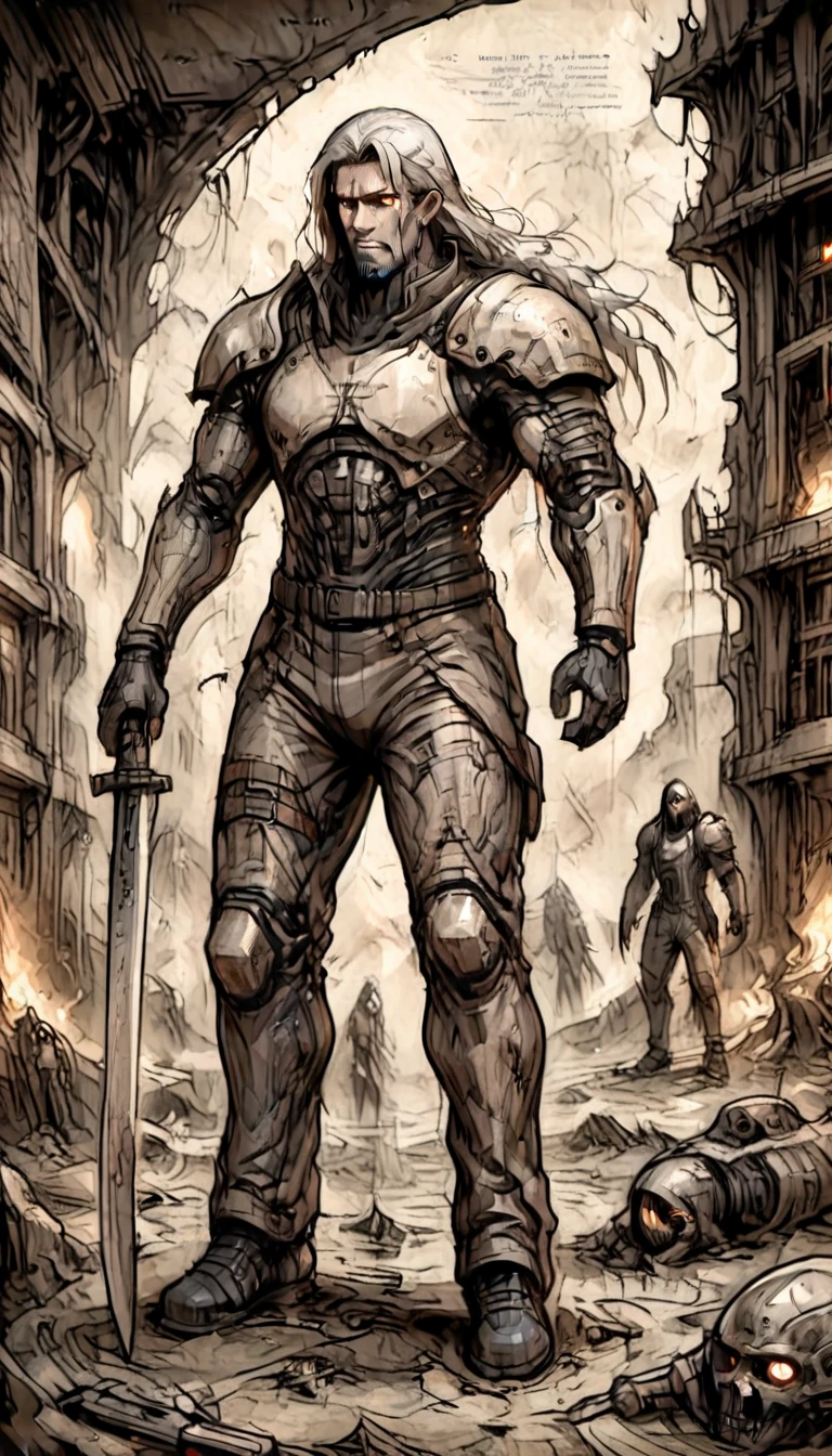 ((best quality)) , ((masterpiece)) , (detailed),weapon, armor, holding, long hair, facial hair, glowing eyes, 1boy, male focus, holding weapon, glowing, sword, outdoors, helmet, braid, teeth, fire, shoulder armor, pants, grey hair, beard, bangs, holding sword, muscular male, white hair,(((Dystopian style, Inconsiderate . Bleak, post-apocalyptic, somber, dramatic, highly detailed)))