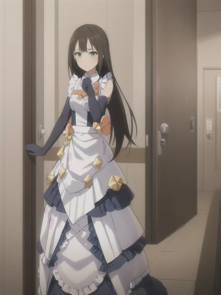 (in hotel, masterpiece, best quality:1.2), maid, 1girl, modify body, waving hair, ((elbow gloves))