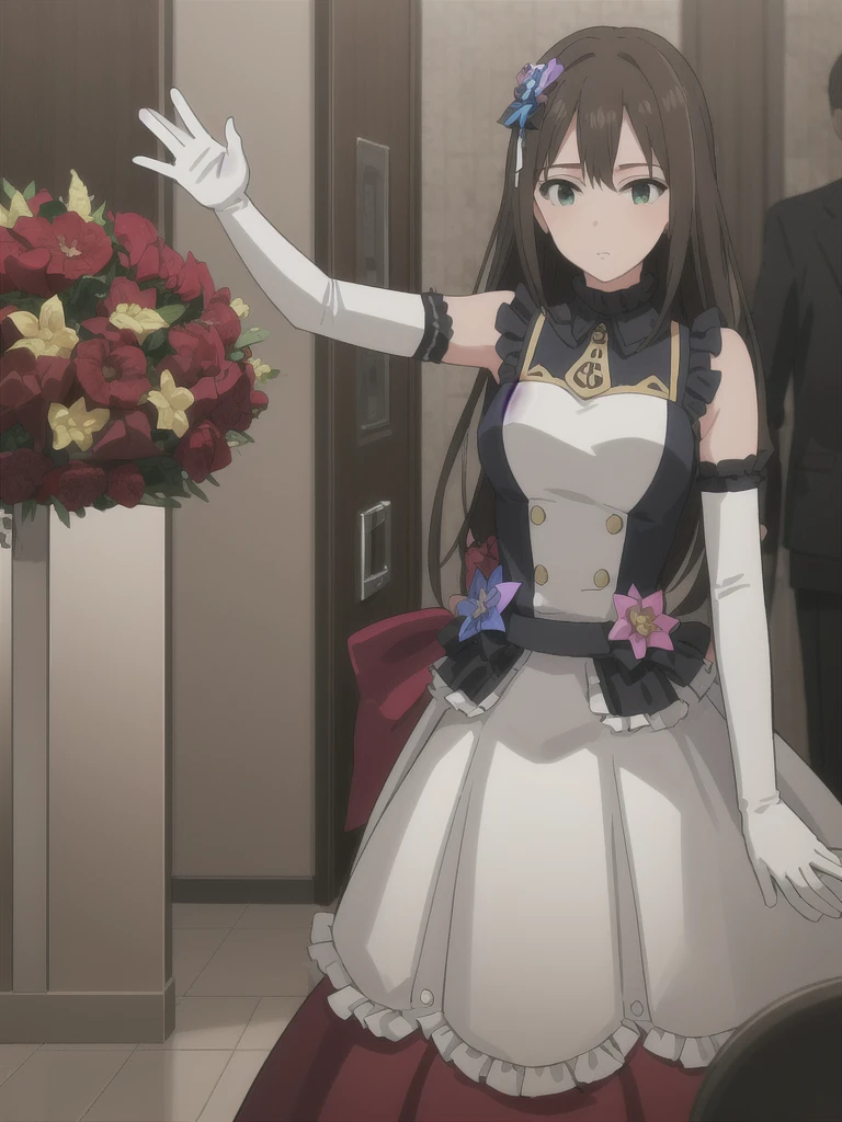 (in hotel, masterpiece, best quality:1.2), maid, 1girl, modify body, waving hair, ((elbow gloves))
