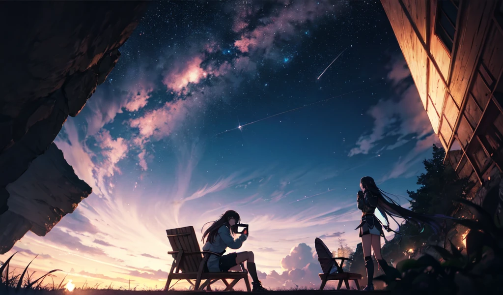  Octane Camera, null, star (null), scenery, starry null, night, 悟null, night null, female knight, Outdoor,, cloud, milky way, Sitting, wood, Long Hair, 