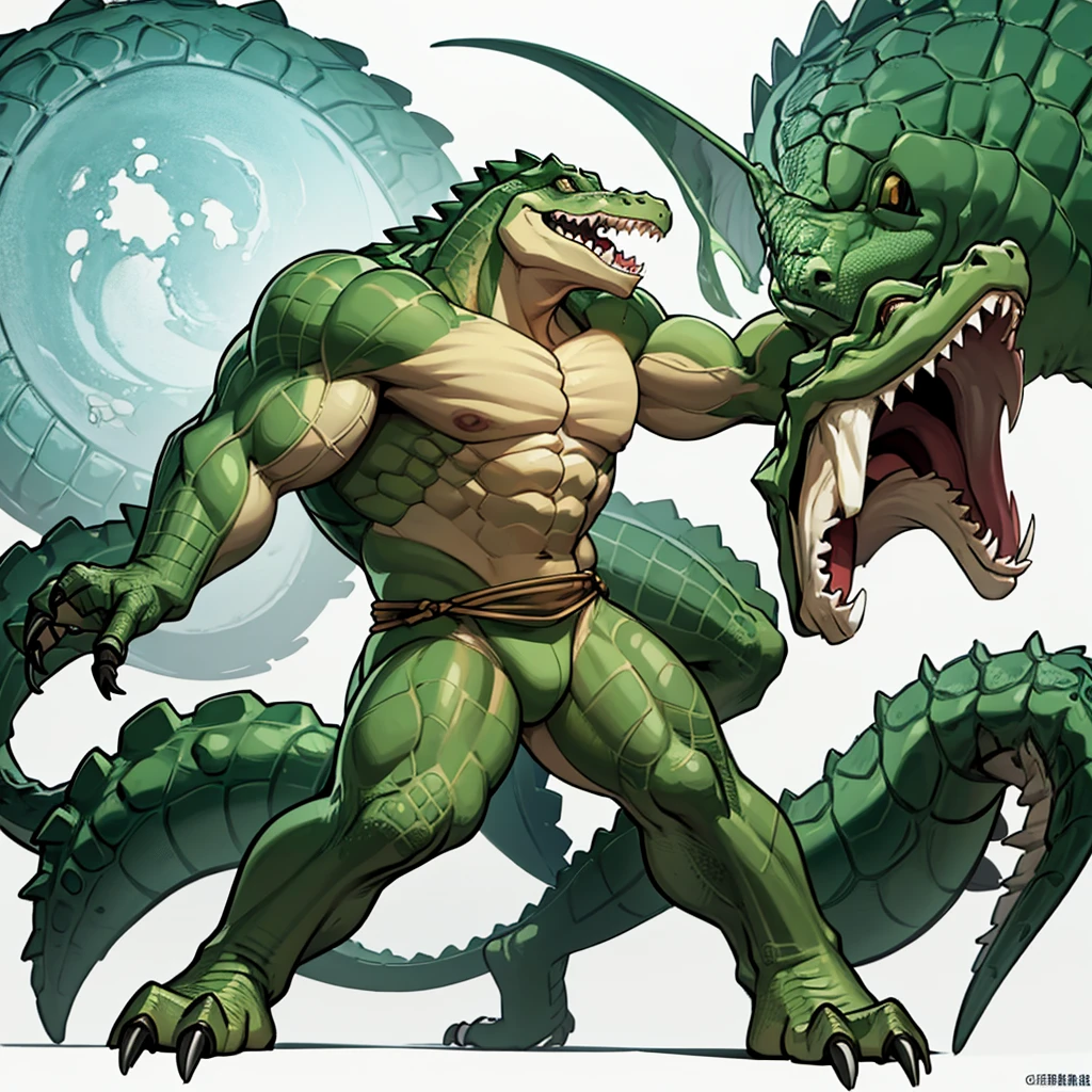 (Full body character concept、group)、8k、Best illustrations、Best Quality、((((No humans)))), reptiles,, green body, Crocodile human, Muscular,、Combat Stance、(Crocodile scales)、From below、(White background)