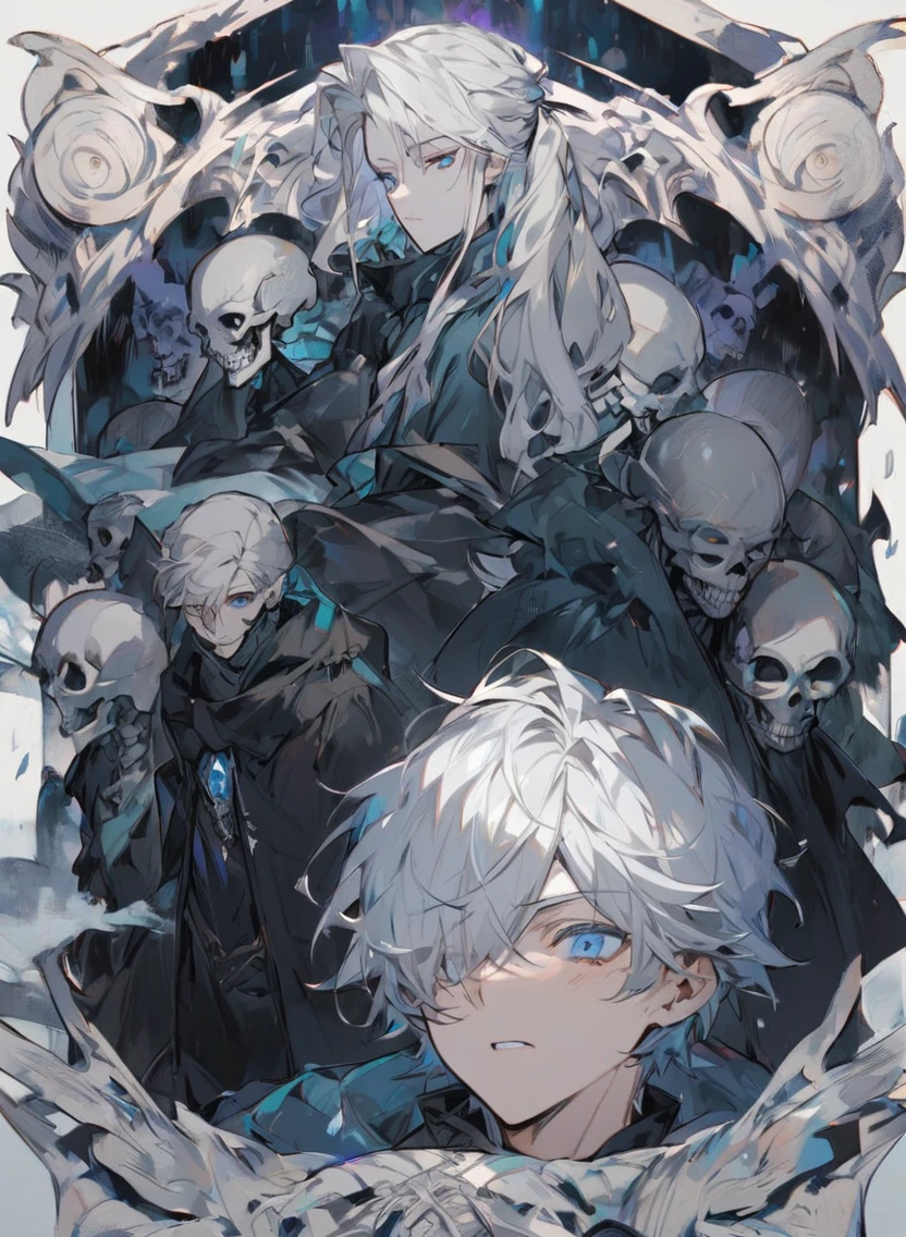 young man ,Male Dark, dark Woods, cold colors, man white hair with blue eye, Warlock dnd , Skeleton army in background, calm face expression