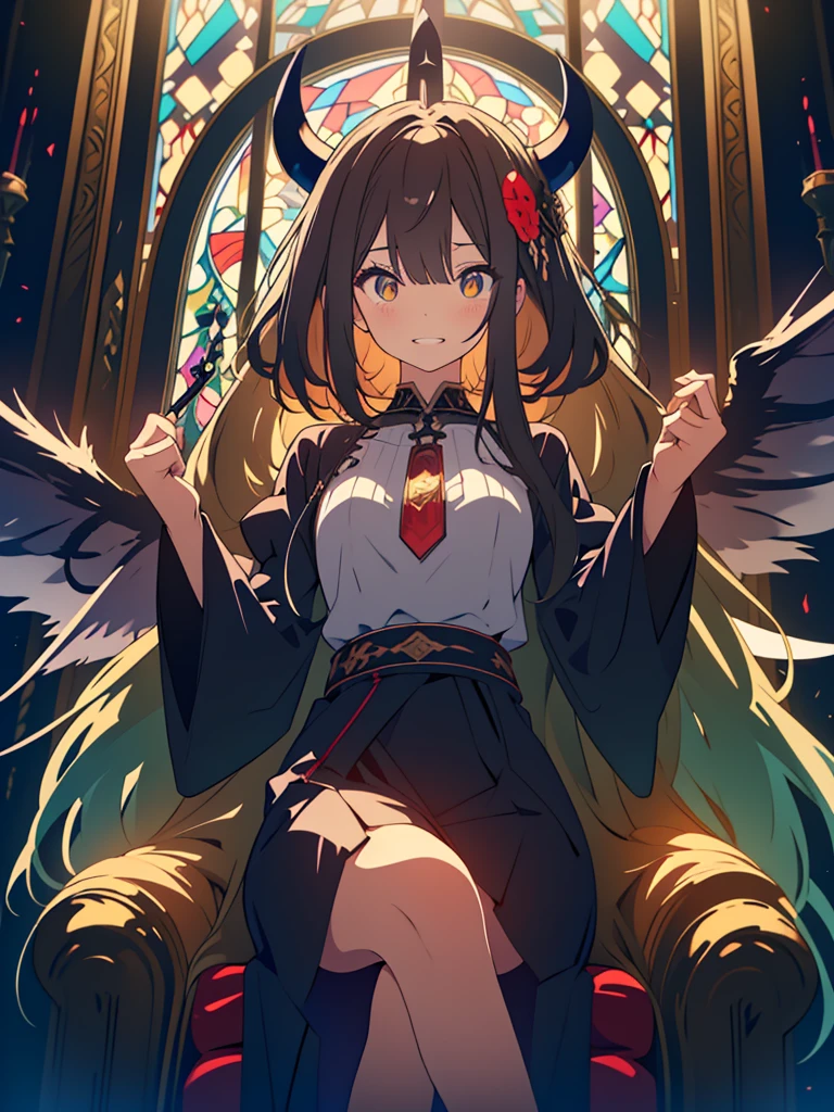 kawaii, anime, Cute, hyper quality, highly detailed, 8k, Clarity, with glowing green eyes, dark brown long hair, Dark Demon King, devil's peak, black eagle wings on the back, Throne room of the abyss, Crystal pillars reaching to the sky, dark sky, hellfire, sit cross-legged on the throne, wield a cane in one's hand, Draw facial expressions in detail, Showing succubus fangs with a creepy expression, Draw the whole body with a drawn composition, grin fearlessly, Wear an aura of darkness, ominous sky, Inciting point of view, to intimidate, Overwhelming, Stained glass, brandish a cane, dark magic effects, dark fog drifts, cross your legs, cross your legs, Right eye is glowing,
