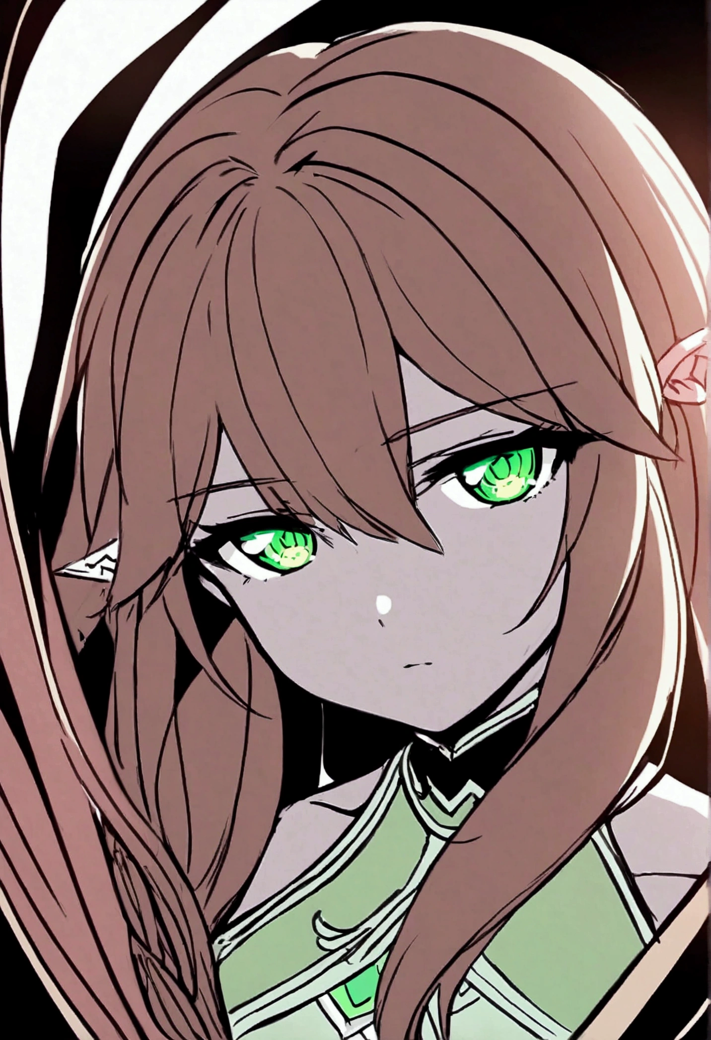 Dreams of Elysium title, dark fantasy, elven woman with long brown hair, dressed in black, green eyes, "dreams of elysium" written in runic font, sketch draw