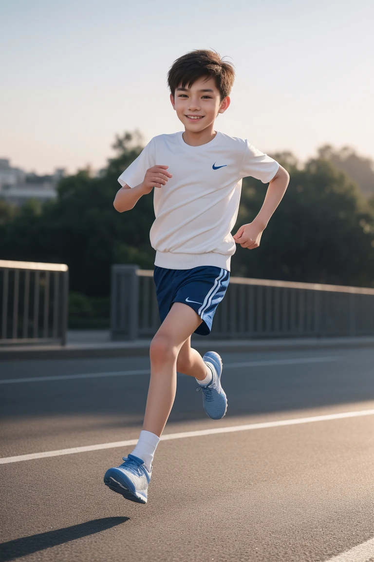 12-year-old boy,Smile，Spread your white and slender legs，jogging，full body，8K facial features are exquisite，Handsome boyish feeling，8k，masterpiece,((best quality)),photography,photograph
