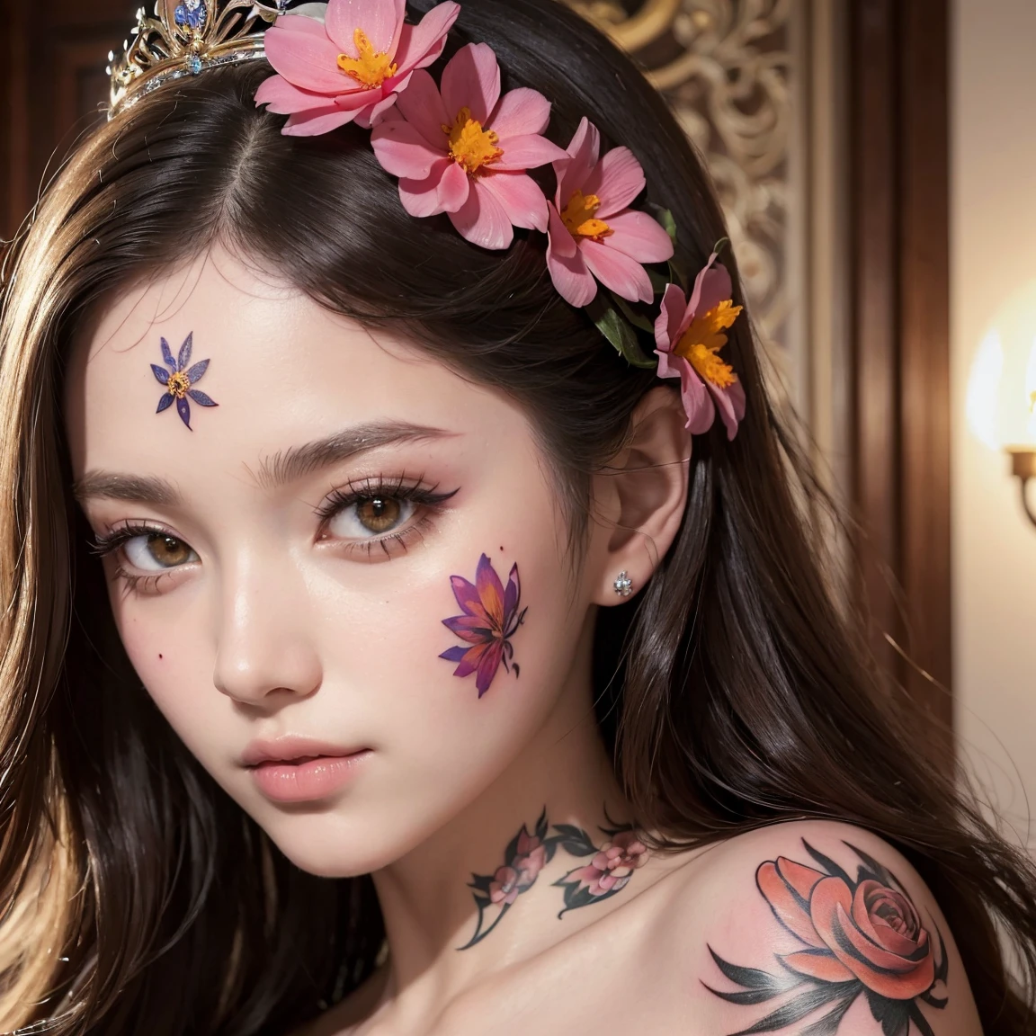 (masterpiece, best quality:1.5), ultra detailed, high resolution, 16k, the most beautiful face in the world, perfect face, delicate facial features, highly detailed beautiful face and eyes, shiny skin, her hair has a glossy shine, highly detailed background, elaborately designed, fine cloth texture, BREAK, (gorgeous and stunning teenage princess in gorgeous and luxurious princess dress:1.2), perfect make-up, eyeshadow, lash extensions, rouge, deeply in love, full of elegance, (face flower and animal tattoo:1.4)