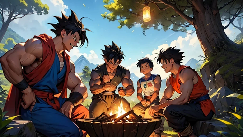 Setting:

A wide, lush clearing on an unknown planet, surrounded by tall trees with vibrant leaves reflecting the alien sunlight. In the sky, two twin suns shine brightly, tinting the horizon in shades of gold and orange. In the background, majestic mountains rise, their slopes covered in exotic vegetation.

Characters:

Goku: Dressed in his classic orange and blue gi, barefoot, laughing loudly. His spiky black hair and warm aura exude a sense of pure joy. He is holding a large metal mug filled with a foamy alien beverage, about to make a toast.

Vegeta: Wearing his blue and white battle armor, with a slightly serious expression but a discreet smile on his lips. His arms are crossed over his chest, and he is leaning against a large rock, watching the party with an approving look.

Broly: Imposing and muscular, wearing his Saiyan warrior outfit with a billowing red cape. He is in a relaxed position, sitting on a tree trunk while devouring a large piece of alien meat. His expression is one of contentment and amusement.

Gohan: Dressed in a modern version of his battle gi, playing with some young Saiyans around a campfire. He is showing them some martial arts moves, which they watch with admiration.

Trunks and Goten: Both in their casual training clothes, laughing and competing in a friendly race around the clearing. Their faces are full of youthful energy and camaraderie.

Additional Details:

Food and Drink: Large rustic wooden tables are covered with exotic dishes, colorful alien fruits, and jugs of foamy beverages. There is also a large central campfire where an alien creature is being roasted, exuding a delicious aroma.

Decoration: Banners with the Saiyan symbol are hanging between the trees, gently swaying in the wind. Small floating lights, resembling fireflies, illuminate the scene, adding a magical touch to the celebration.