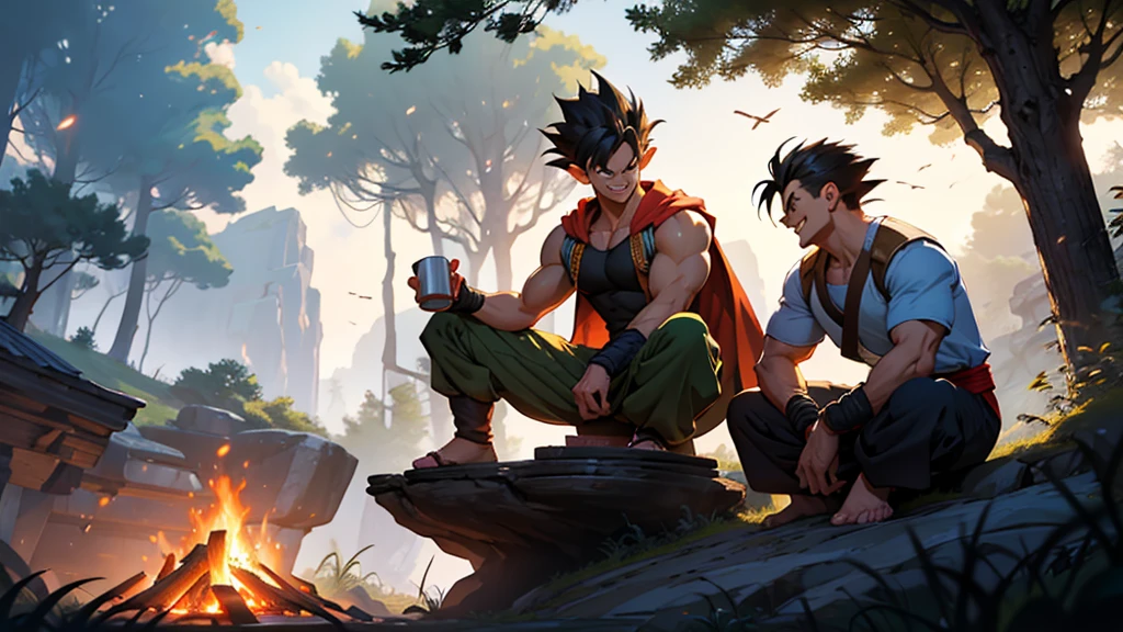 Setting:
A wide, lush clearing on an unknown planet, surrounded by tall trees with vibrant leaves reflecting the alien sunlight. In the sky, two twin suns shine brightly, tinting the horizon in shades of gold and orange. In the background, majestic mountains rise, their slopes covered in exotic vegetation.
Characters:
Goku: Dressed in his classic orange and blue gi, barefoot, laughing loudly. His spiky black hair and warm aura exude a sense of pure joy. He is holding a large metal mug filled with a foamy alien beverage, about to make a toast.
Vegeta: Wearing his blue and white battle armor, with a slightly serious expression but a discreet smile on his lips. His arms are crossed over his chest, and he is leaning against a large rock, watching the party with an approving look.
Broly: Imposing and muscular, wearing his Saiyan warrior outfit with a billowing red cape. He is in a relaxed position, sitting on a tree trunk while devouring a large piece of alien meat. His expression is one of contentment and amusement.
Gohan: Dressed in a modern version of his battle gi, playing with some young Saiyans around a campfire. He is showing them some martial arts moves, which they watch with admiration.
Trunks and Goten: Both in their casual training clothes, laughing and competing in a friendly race around the clearing. Their faces are full of youthful energy and camaraderie.
Additional Details:
Food and Drink: Large rustic wooden tables are covered with exotic dishes, colorful alien fruits, and jugs of foamy beverages. There is also a large central campfire where an alien creature is being roasted, exuding a delicious aroma.
Decoration: Banners with the Saiyan symbol are hanging between the trees, gently swaying in the wind. Small floating lights, resembling fireflies, illuminate the scene, adding a magical touch to the celebration.