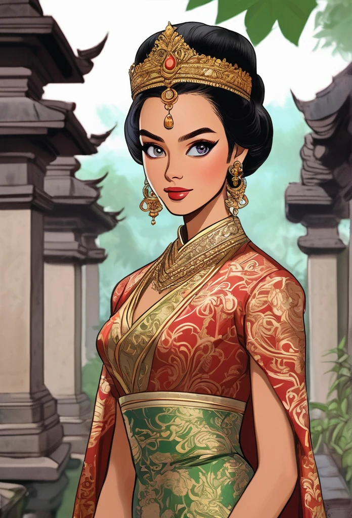 Draw a picture of Queen Ken Dedes from the Javanese Singosari Kingdom, looking naturally beautiful and sexy, with sharp eyes, wearing traditional Javanese royal clothing, with a Javanese temple in the background.